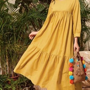Tiered Ruffle Maxi/Midi Smock Dress Mustard Yellow
